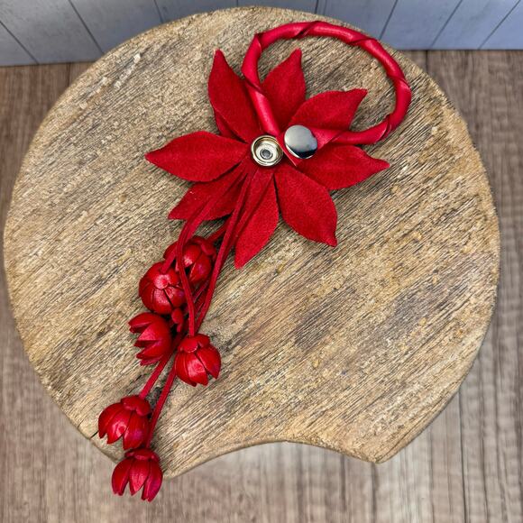 Leather Flower Purse Charm Genuine Leather Red Poinsettia Flower Bag Charm NEW - Picture 8 of 9